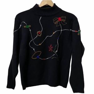 Vintage Interim Holiday Wool Sweater Black Mock Neck Women's Size Medium